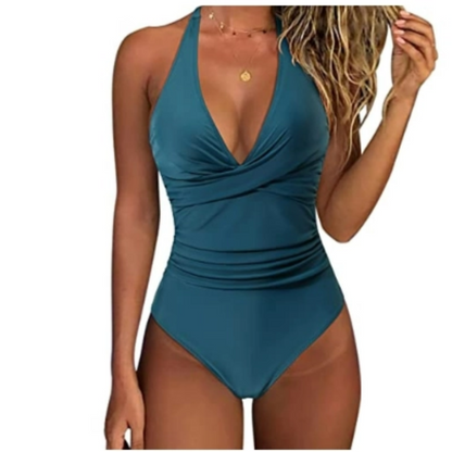 Women's 1 piece swimsuit – Halter neck – Plunging neckline – Ruched waist