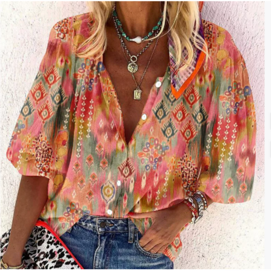 Women's short-sleeved blouse – Loose fit – Breathable fabric – Buttoned V-neck