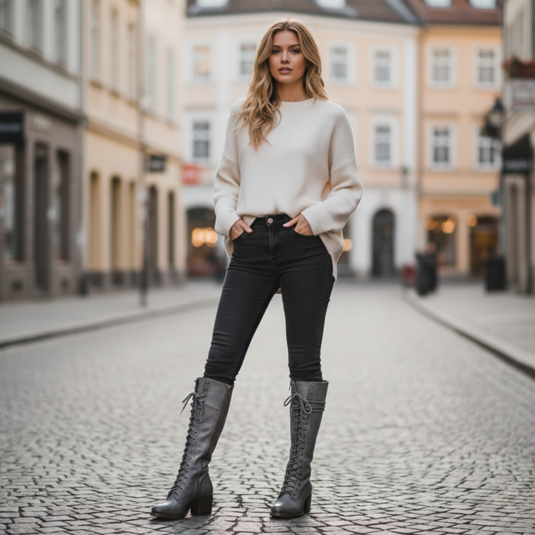 Women’s Leather Boots – Knee High – Lace-Up – Block Heel – Casual Wear