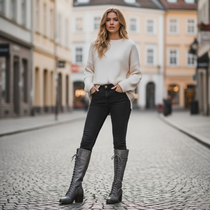 Women’s Leather Boots – Knee High – Lace-Up – Block Heel – Casual Wear