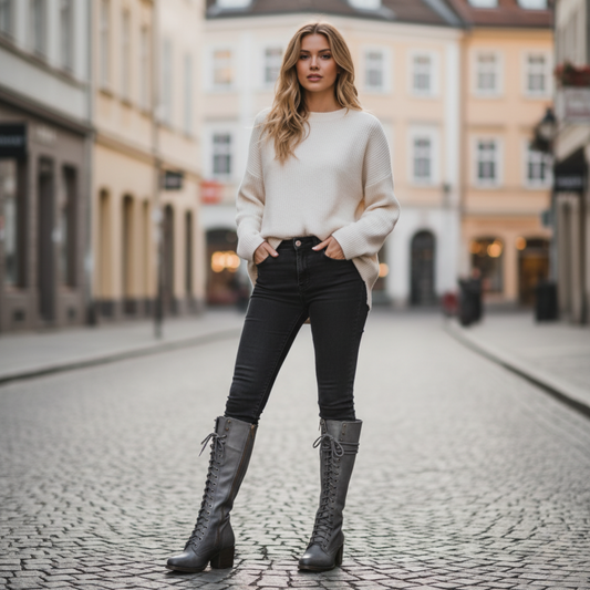 Women’s Leather Boots – Knee High – Lace-Up – Block Heel – Casual Wear