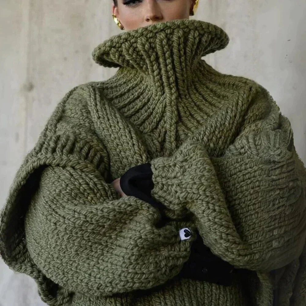 Pull femme à col roulé – Coupe oversize – Maille épaisse – Texture côtelée douce