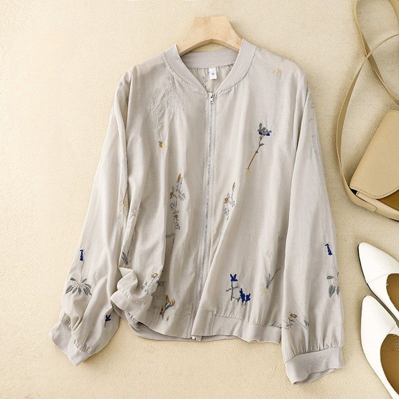 Embroidered Floral Bomber Jacket for Women – Breathable Linen Comfort