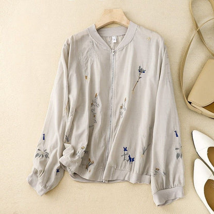 Embroidered Floral Bomber Jacket for Women – Breathable Linen Comfort