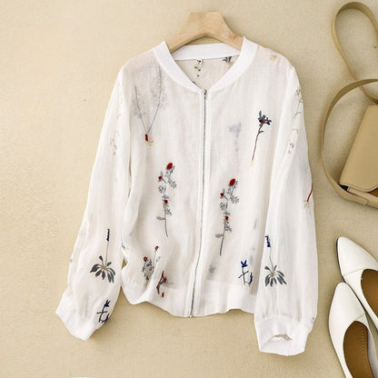 Embroidered Floral Bomber Jacket for Women – Breathable Linen Comfort