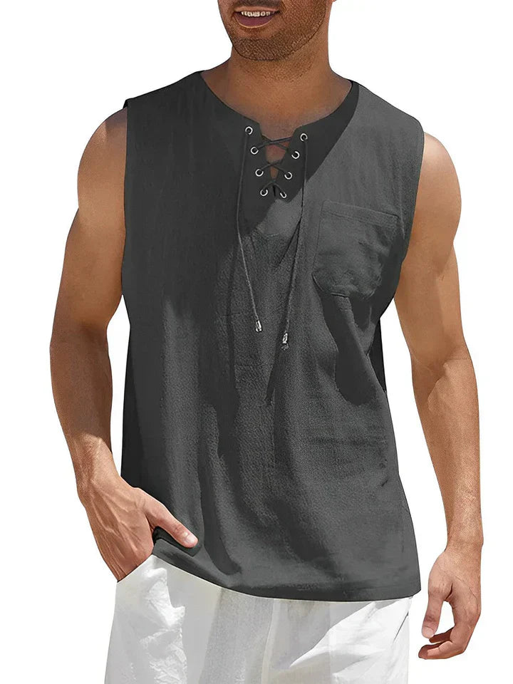 Men's tank top – Relaxed fit – Lace-up front – Chest pocket – Breathable fabric