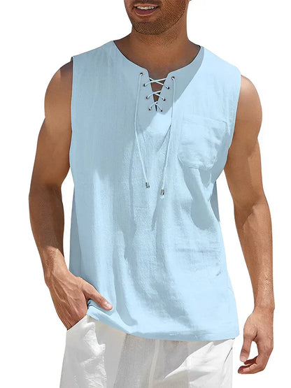 Men's tank top – Relaxed fit – Lace-up front – Chest pocket – Breathable fabric