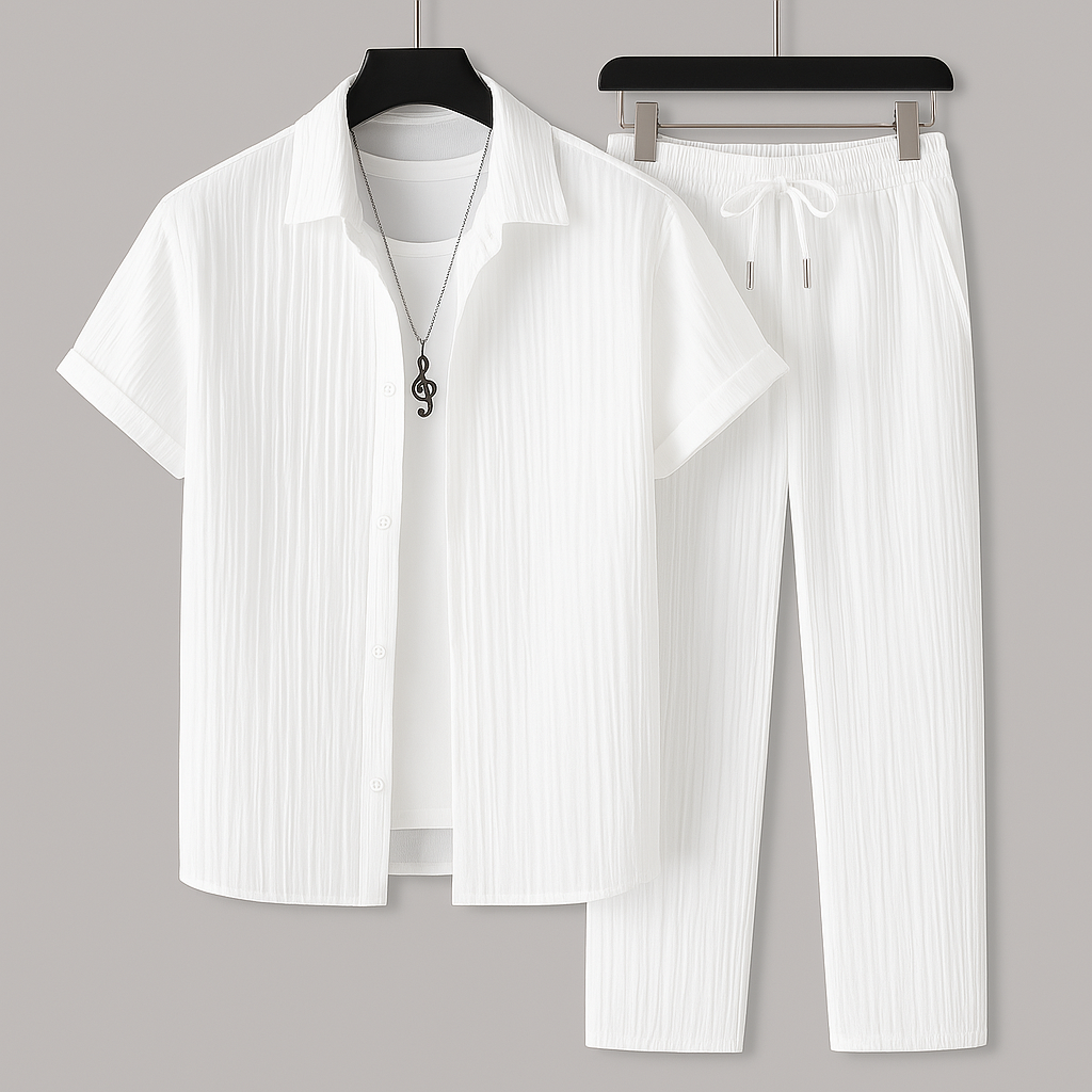 Men's Set Shirt and Pants – Relaxed Fit – Buttoned – Ribbed Fabric