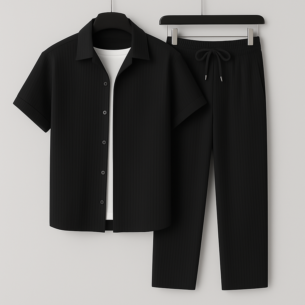 Men's Set Shirt and Pants – Relaxed Fit – Buttoned – Ribbed Fabric
