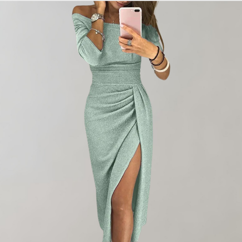 Elisa Bodycon Midi Dress | Off-The-Shoulder Ruched Dress