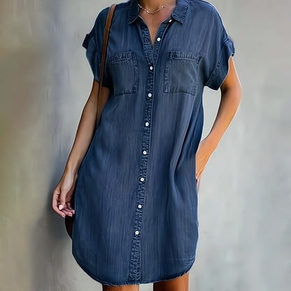 Women's Shirt Dress – Relaxed Fit – Buttoned – Short Sleeves With Cuffs
