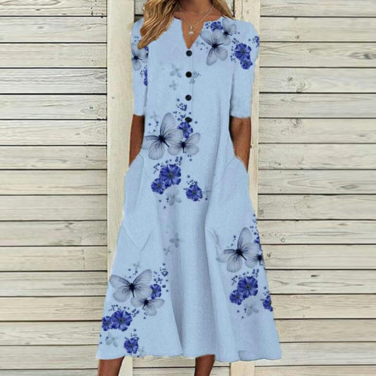 Women's midi dress – Loose fit – Butterfly floral print – Breathable fabric – Short sleeves – Buttoned – V-neck – With pockets