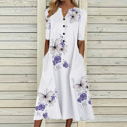 Women's midi dress – Loose fit – Butterfly floral print – Breathable fabric – Short sleeves – Buttoned – V-neck – With pockets