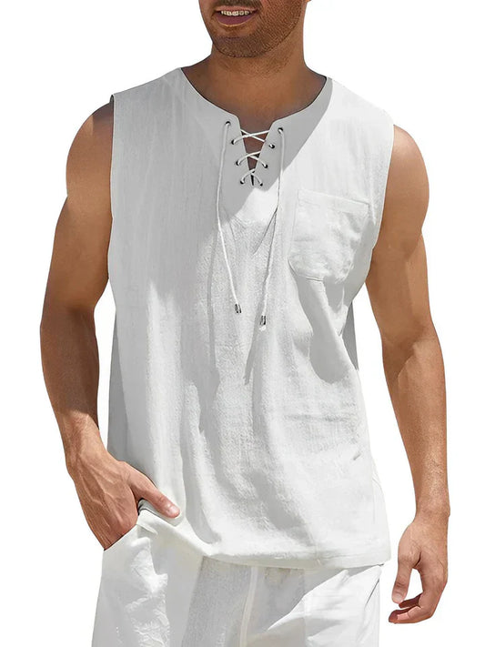 Men's tank top – Relaxed fit – Lace-up front – Chest pocket – Breathable fabric