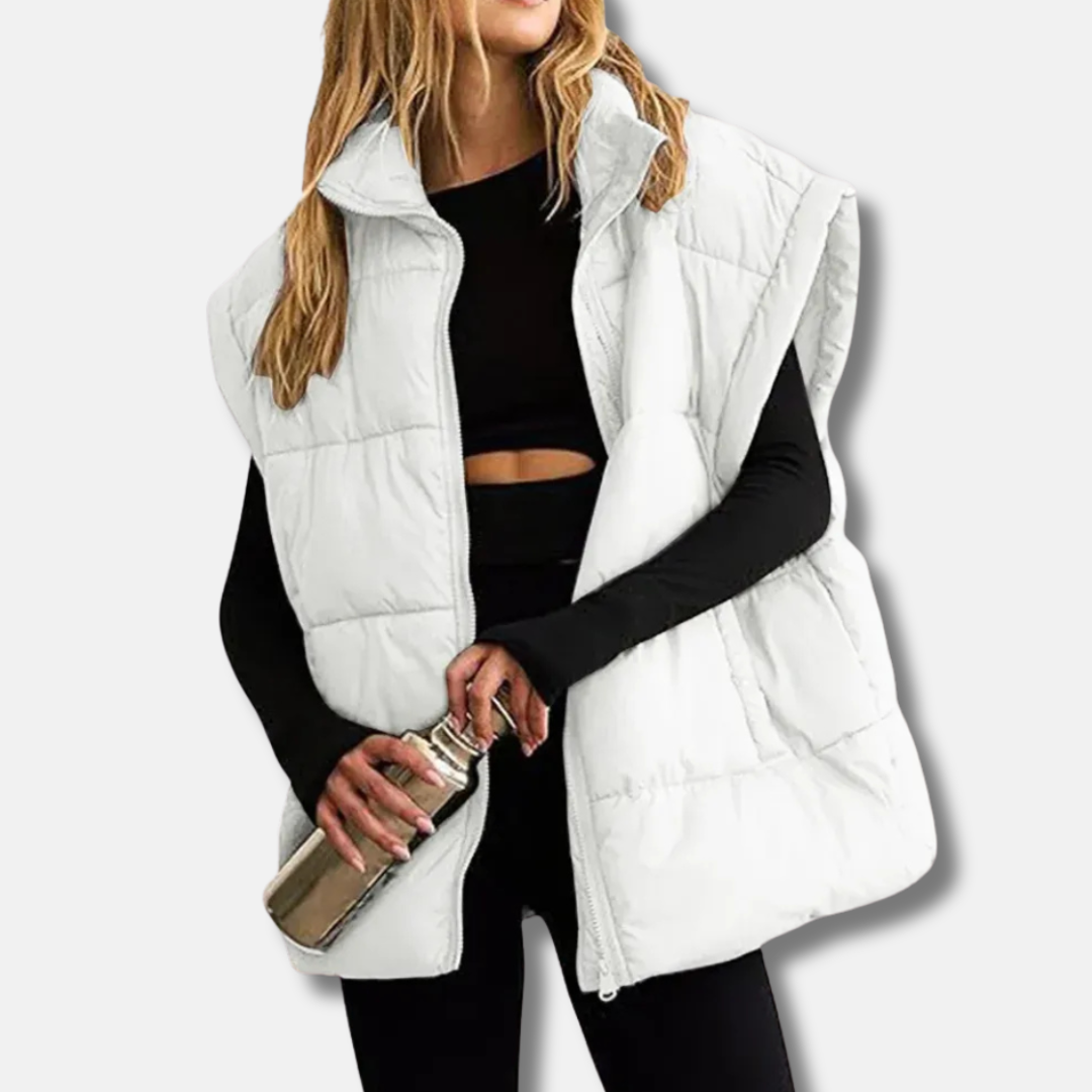 Women's Puffer Vest - Quilted Insulated - Sleeveless - Stand Collar - Hip Length