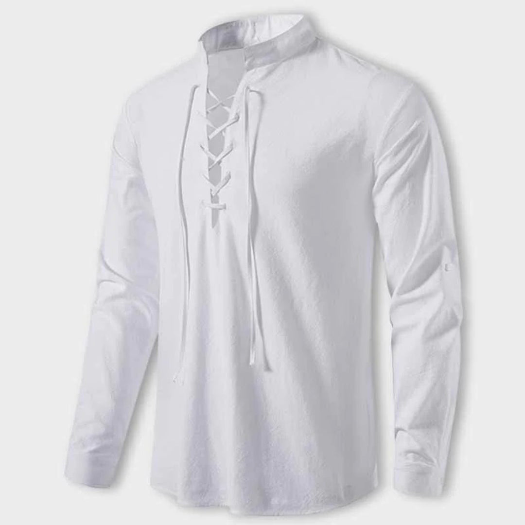 Louie Linen Relaxed Fit Lace-Up Shirt | Band Collar Lace-Up Shirt