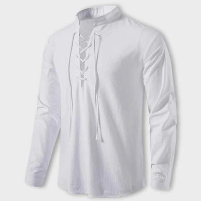 Louie Linen Relaxed Fit Lace-Up Shirt | Band Collar Lace-Up Shirt