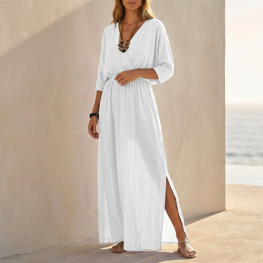 V-Neck Dolman Sleeve Maxi Dress for Women – Relaxed Fit & Pockets
