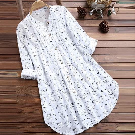 Women's blouse – Loose fit – Breathable fabric – Long roll-up sleeves – V-neck