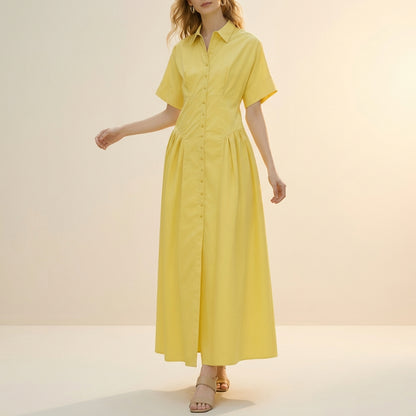 Pleated A-Line Midi Shirt Dress for Women – Polished Casual Style