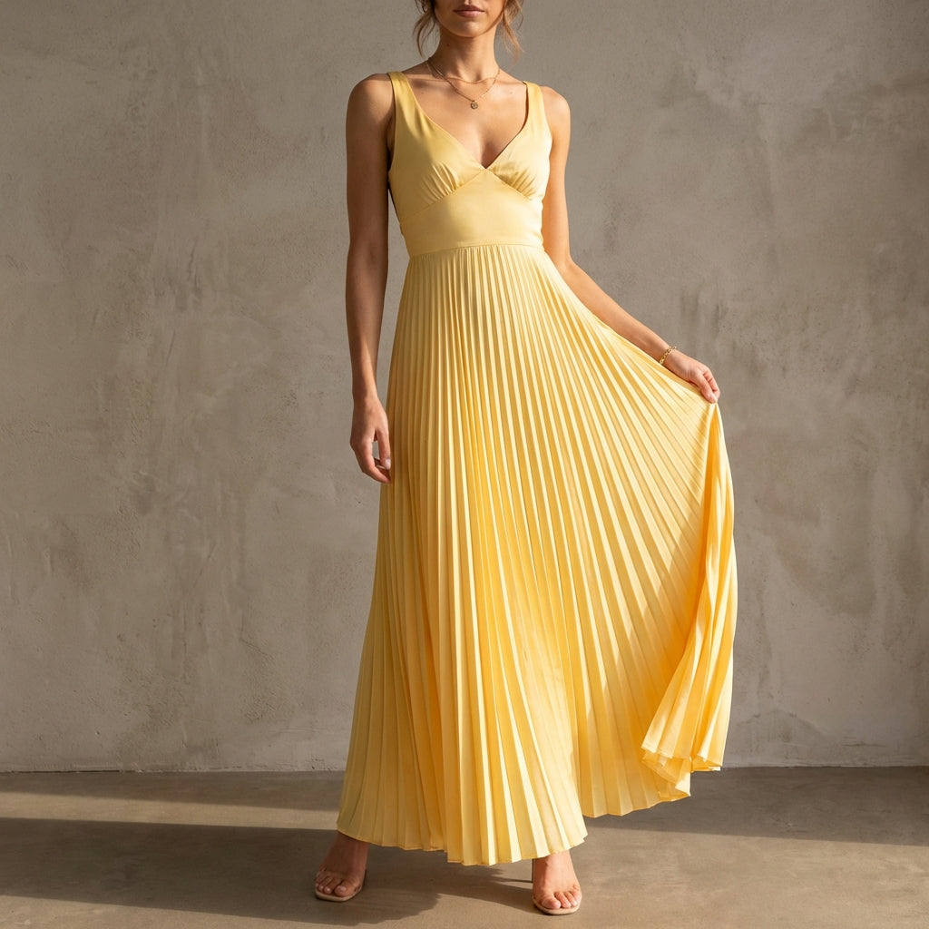Twist-Front Pleated Maxi Dress for Women – Elegant & Party-Ready