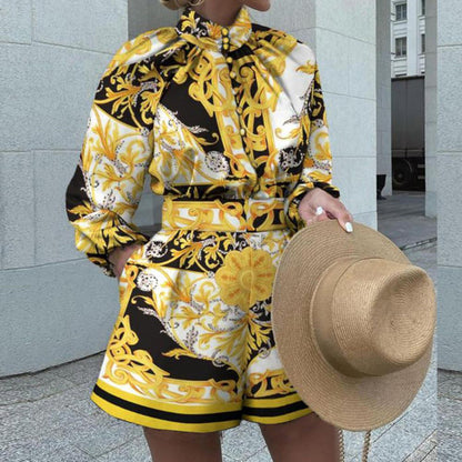 Women's two-piece set – Fitted cut – Luxury Fluid Fabric – Puff sleeves – High collar – Matching shorts