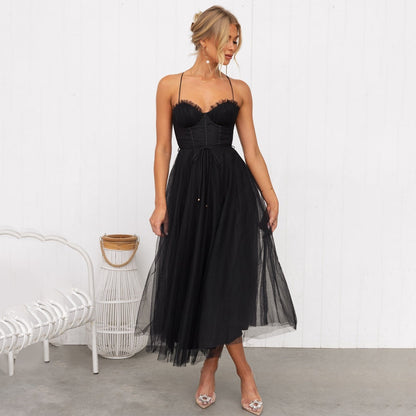 Women's midi dress – Fitted top – Flared skirt – Airy fabric – Thin straps
