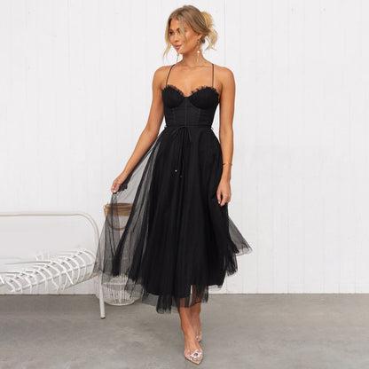 Women's midi dress – Fitted top – Flared skirt – Airy fabric – Thin straps