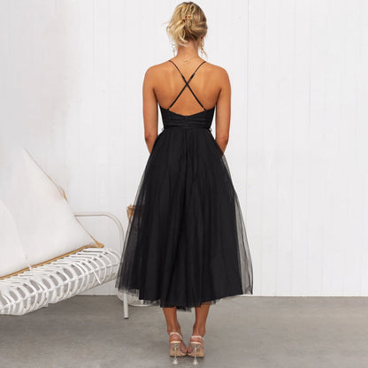 Women's midi dress – Fitted top – Flared skirt – Airy fabric – Thin straps