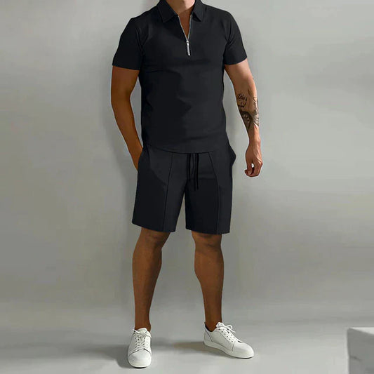 Ensemble Homme Polo et Short – Coupe slim – Tissu respirant – Col zippé – Style décontracté moderne
