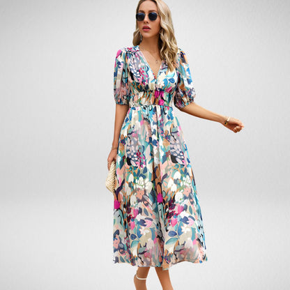 Robe longue femme – Coupe fluide – Manches bouffantes – Décolleté en V élégant