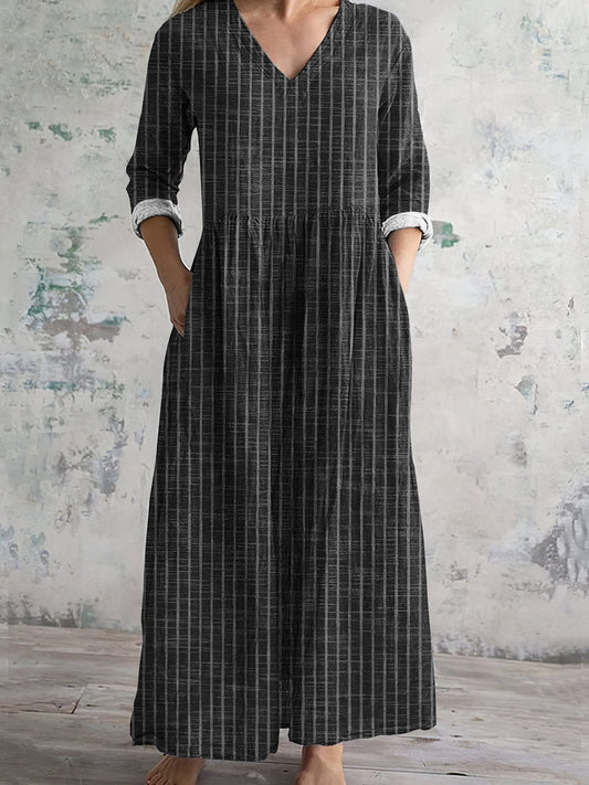 Women's long dress – Natural fibers – Flowing cut – Long sleeves – V-neck – Striped