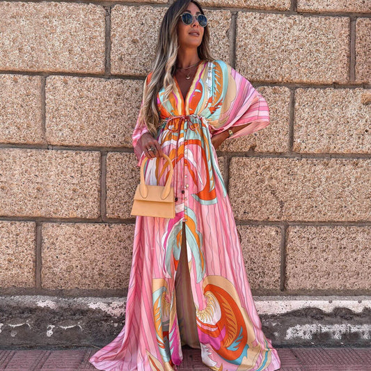 Women's Long Dress – Loose Fit – V Neck – Waist Belt – Flowy Fabric