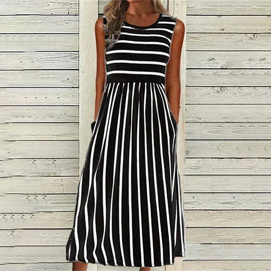 Robe midi débardeur femme – Coupe décontractée – Rayures – Fibres naturelles respirantes