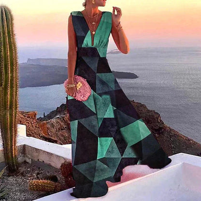 Women's long dress – Flowing cut – Sleeveless – V-neck – Floral print