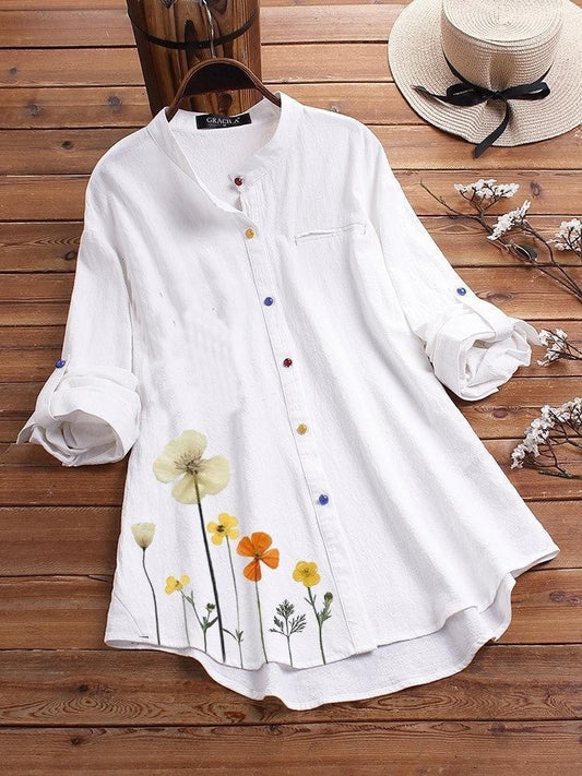 Chemise femme manches longues – Coupe décontractée – Col montant – Tissu respirant – Imprimé fleuri