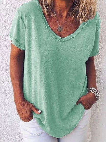 T-shirt femme – Coupe décontractée – Tissu respirant doux – Manches courtes – Col V
