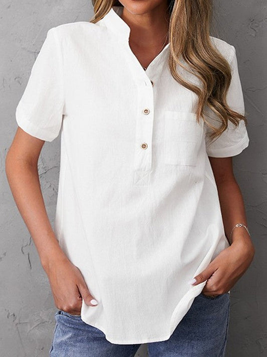 Women's blouse – Relaxed fit – Natural fibers – Mandarin collar – Short sleeves