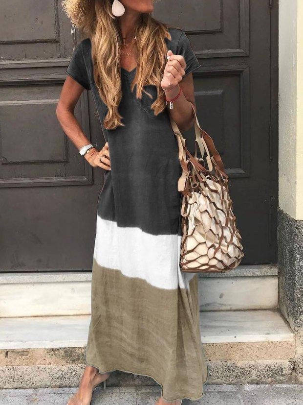 Women's Long Dress – Loose Fit – Breathable Fabric – Short Sleeves – V Neck – Striped Patchwork