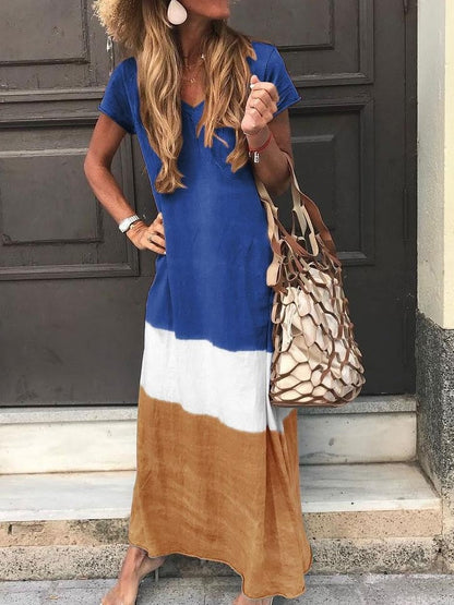 Women's Long Dress – Loose Fit – Breathable Fabric – Short Sleeves – V Neck – Striped Patchwork