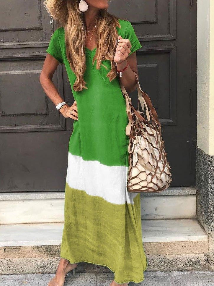 Women's Long Dress – Loose Fit – Breathable Fabric – Short Sleeves – V Neck – Striped Patchwork