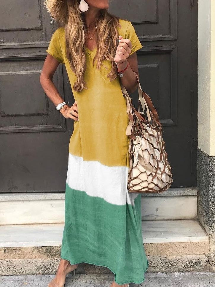 Women's Long Dress – Loose Fit – Breathable Fabric – Short Sleeves – V Neck – Striped Patchwork