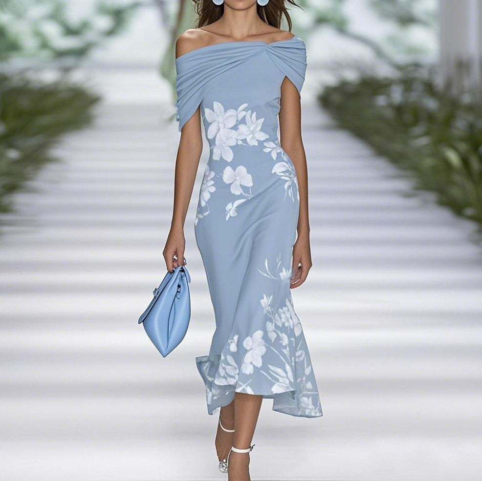 Robe midi femme – Épaules dénudées – Taille cintrée – Imprimé fleuri – Tissu fluide