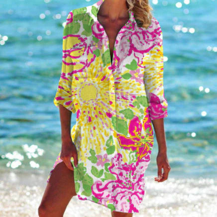 Tunic dress for women – Relaxed fit – Breathable fabric – Buttoned – Casual beach