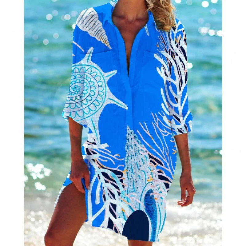 Tunic dress for women – Relaxed fit – Breathable fabric – Buttoned – Casual beach