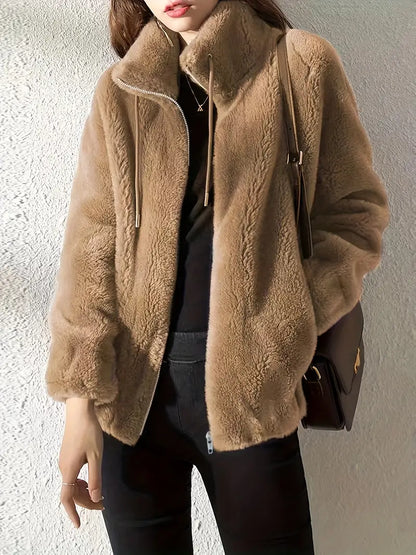 Women's Jacket - Soft Fleece - Oversized Cut - Stand Collar - Zipper Closure