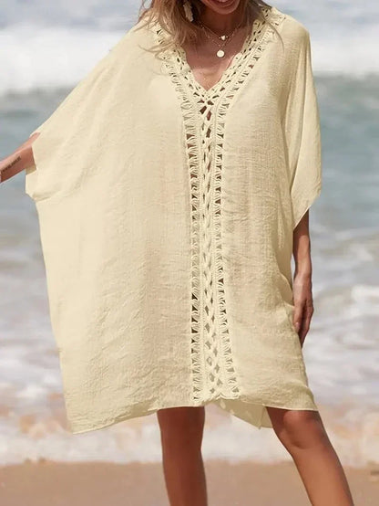 Women's kimono – Fluid cut – Natural fibers – Short sleeves – V-neck lace