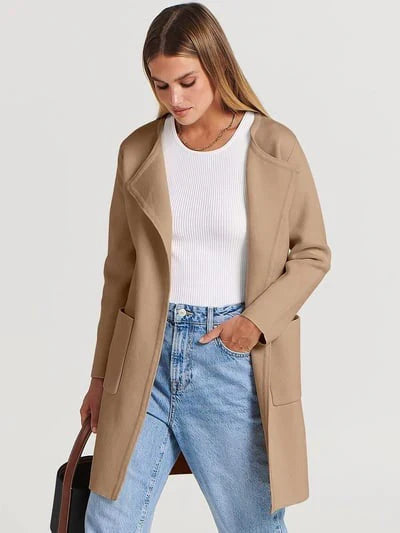 Manteau femme mi-long – Laine mélangée – Coupe droite – Col large – Style épuré