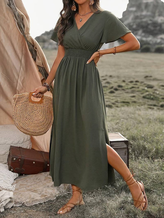 Women's midi dress – Flared fluid cut – Short sleeves – Wrap neckline