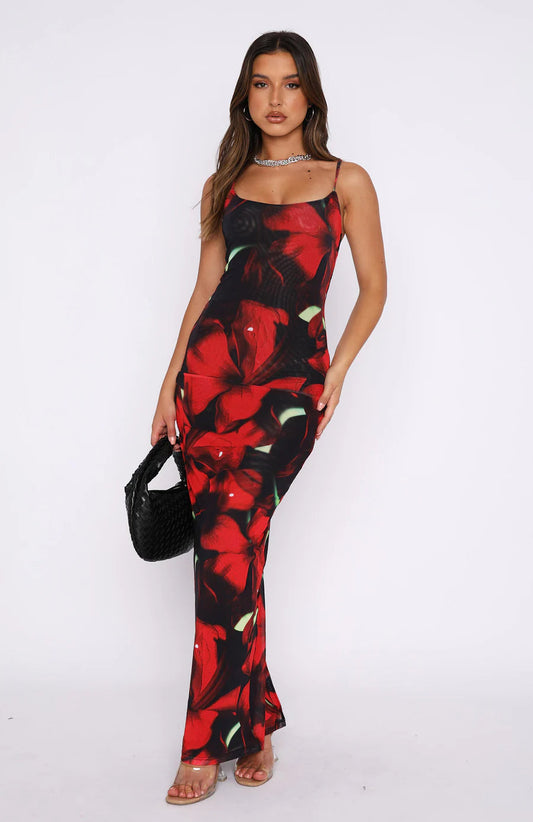 Robe longue femme – Coupe slim – Bretelles fines – Imprimé floral – Tissu léger